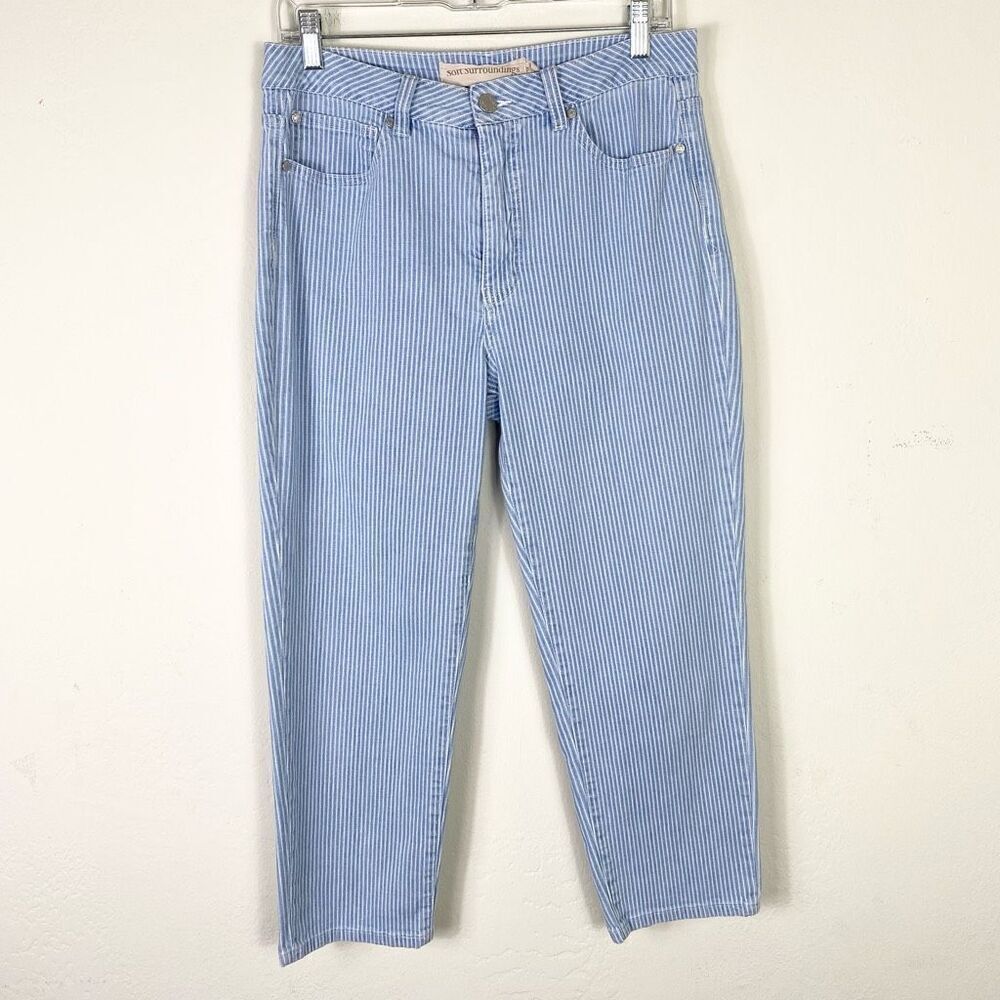Soft Surroundings Blue Striped Straight Leg Cropped Jeans Size 12